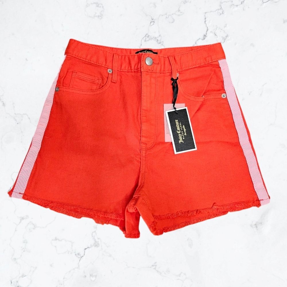 New Juicy Couture Black Label Orange Red Denim Cutoff Shorts sz 26"